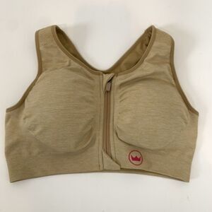 Shefit Womens Luxe Ultimate High Impact Sports Bra Beige Workout Athletic Zip
